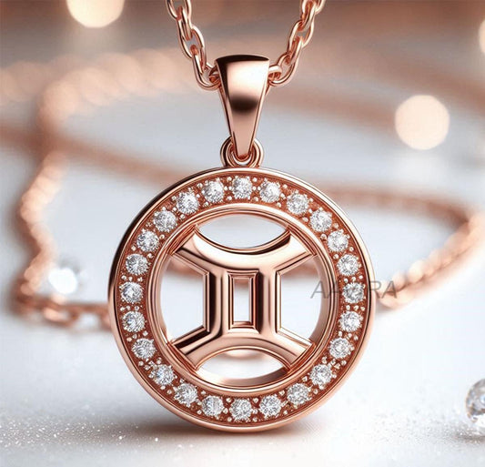 Dainty Gemini Zodiac Sign Diamond Necklace, Gemini Horoscope Pendant, 14k Rose Gold Zodiac Necklace, Gift for Mom, April Birthstone Necklace