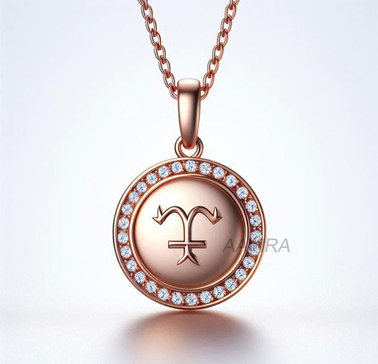 Aries Zodiac Pendant, Stylish Zodiac Necklace, 14k Rose Gold Zodiac Jewelry, Halo Diamond Chain Pendant, Aries Necklace, Handmade Jewelry