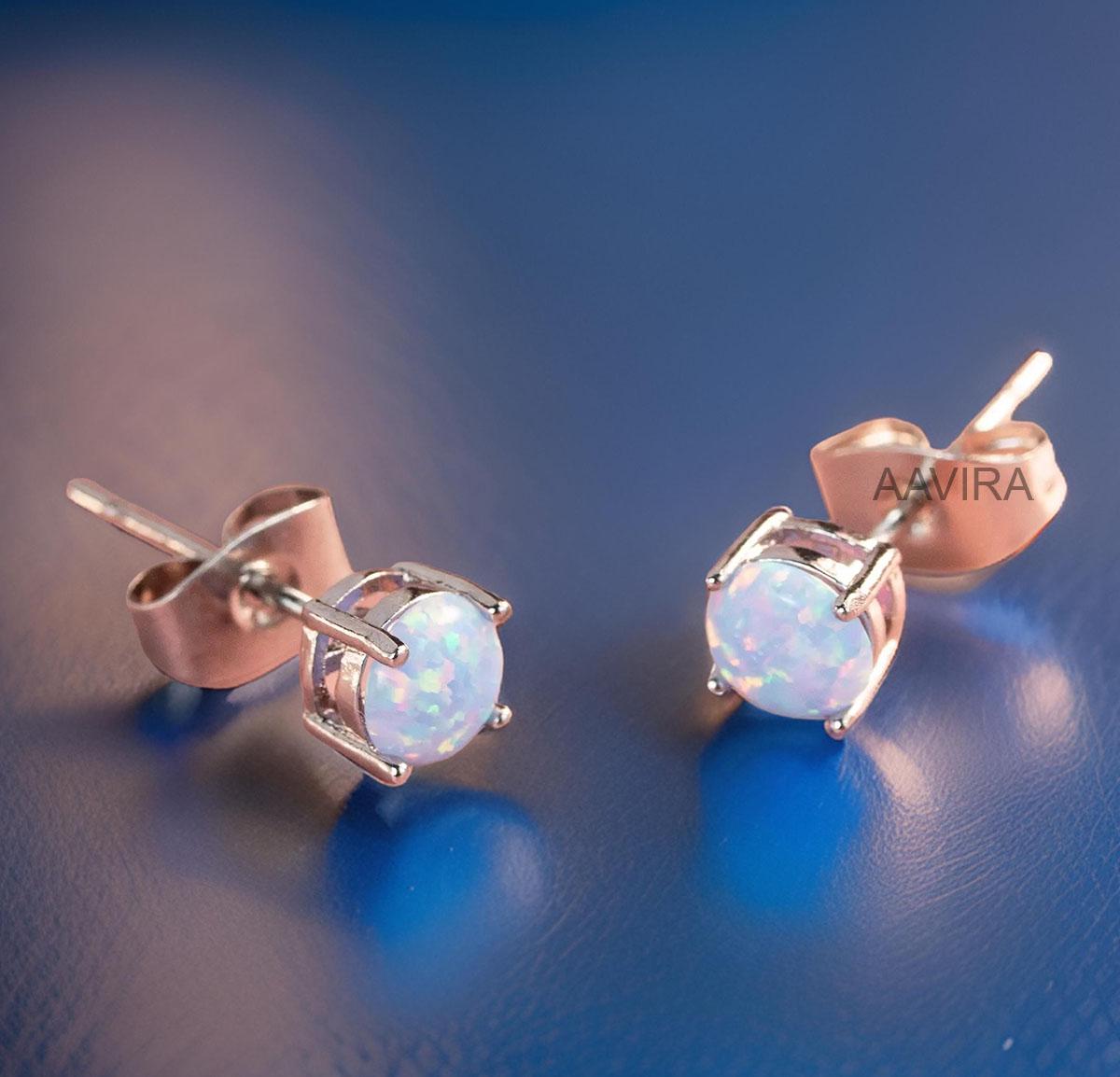 Handmade Round Cut Opal Stud Earrings, Opal Earrings, Stud Earrings for Women, Push Back Earrings, Birthday Gift, Solitaire Dainty Stud Gift