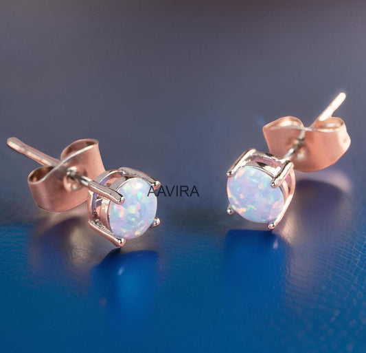 Handmade Round Cut Opal Stud Earrings, Opal Earrings, Stud Earrings for Women, Push Back Earrings, Birthday Gift, Solitaire Dainty Stud Gift
