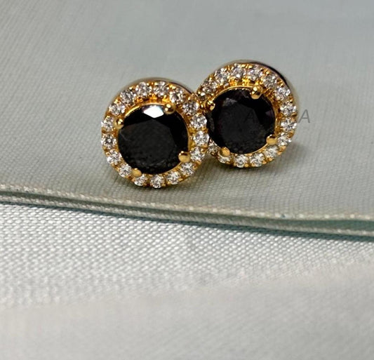 Round Black Diamond Stud Earrings, Black Stone Earrings, 14K Yellow Gold Black & White Studs, Halo Diamond Stud Earrings for Women, Gifts