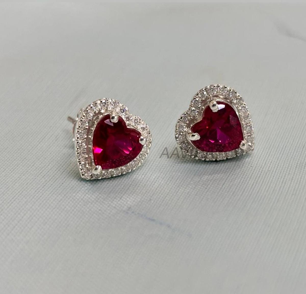 Ruby Stud Earrings, Heart Studs, Red Ruby Earrings, Halo Diamond Earrings, Push Back Earrings, Anniversary Gifts, Gemstone Earrings for Her