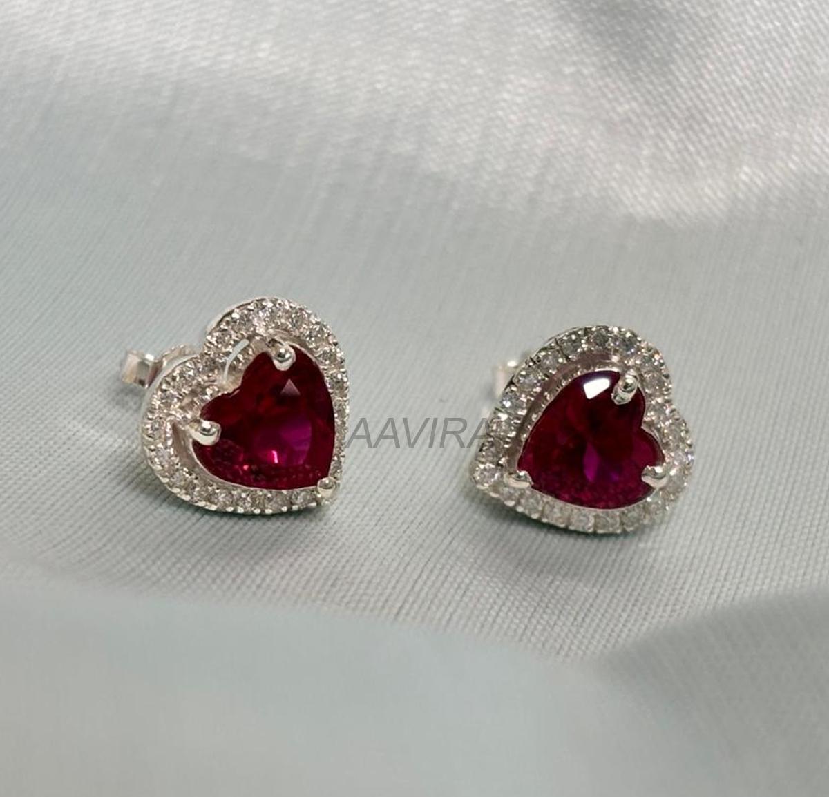Ruby Stud Earrings, Heart Studs, Red Ruby Earrings, Halo Diamond Earrings, Push Back Earrings, Anniversary Gifts, Gemstone Earrings for Her