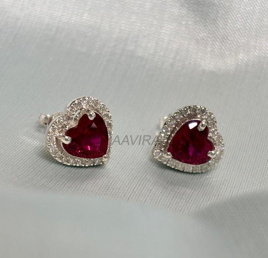 Ruby Stud Earrings, Heart Studs, Red Ruby Earrings, Halo Diamond Earrings, Push Back Earrings, Anniversary Gifts, Gemstone Earrings for Her