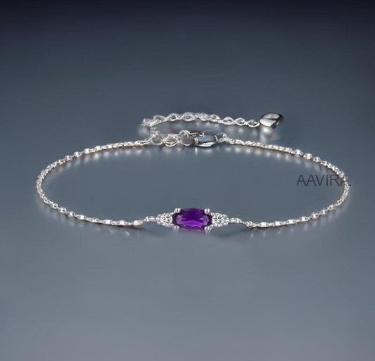 Amethyst Bracelet, Oval Cut Amethyst Bracelet for Women, February Birthstone Bracelet, Purple Stone Jewelry, Amethyst & Diamond Bracelet Her