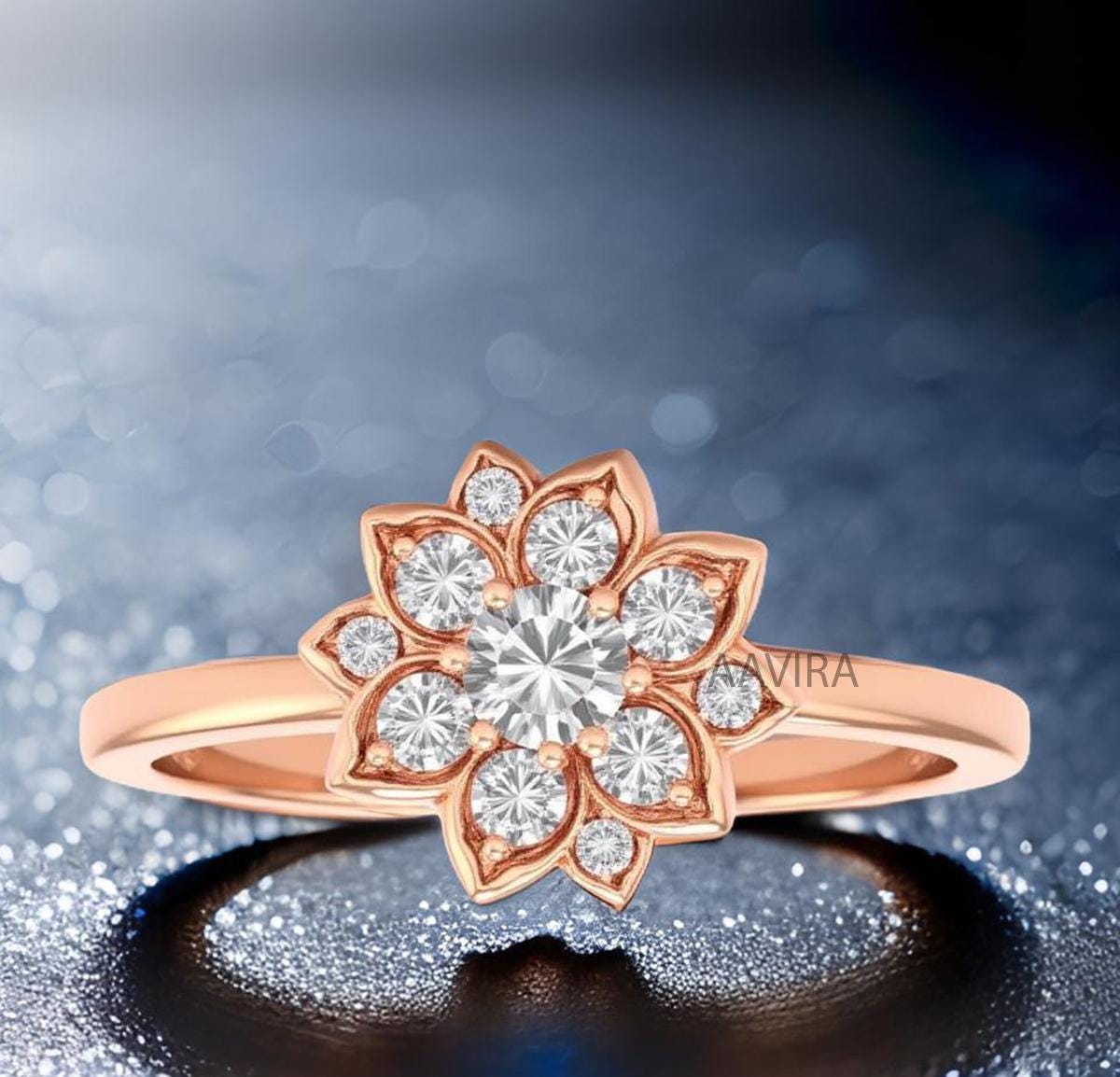 Flower Engagement Ring, Handmade Jewelry, Moissanite Flower Engagement Ring, Diamond Ring for Women, 14k Rose Gold Flower Cocktail Ring