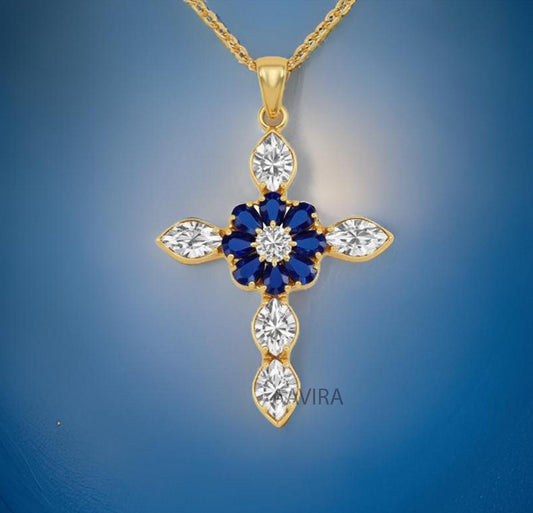 Marquise Cross Pendant, Sapphire & Diamond Cross Pendant, Pear Cross Necklace, Religious Cross, Sapphire Cross Pendant, Silver Blue Cross