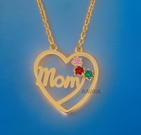 Delicate Heart Mom Necklace, Gemstone Mom Pendant, Mom Necklace, Pink Sapphire/Ruby/Emerald Pendant, Multi Gemstone Pendant, Gift for Mom
