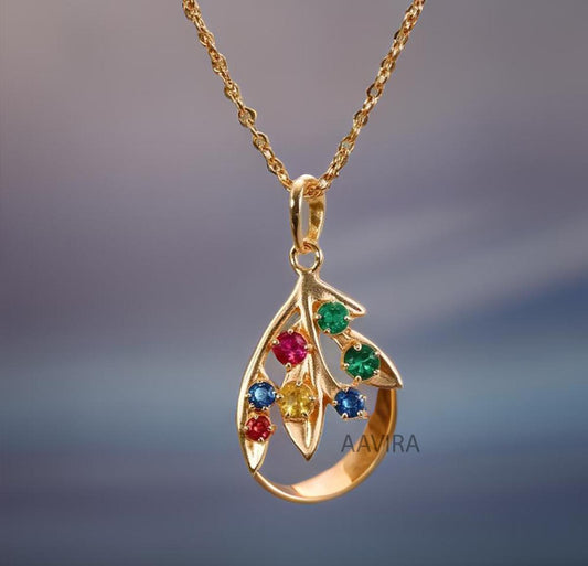Teardrop Necklace, Multi Stone Gemstone Leaf Pendant, Leaf Necklace, Birthstone Necklace, Multi Gemstone, Birthday Gift, Anniversary Gift