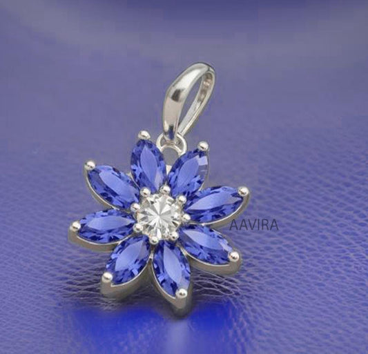 Flower Charm Pendant, Dainty Flower Necklace, Trendy Gift Pendant, Minimalist Pendant, Floral Jewelry, Blue Sapphire Marquise Pendant, Gifts