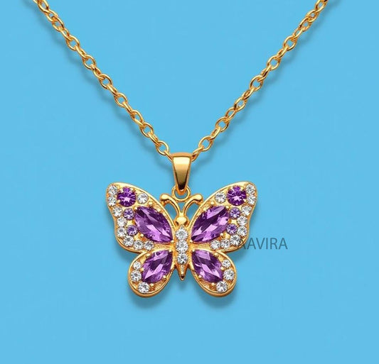 Marquise Cut Amethyst Necklace, Butterfly Necklace, Unique February Birthstone, Butterfly Diamond Necklace, Animal Necklace, Gift For Her