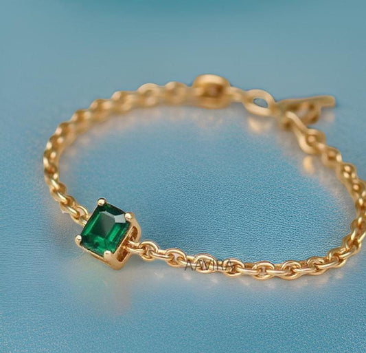 Emerald Bracelet for Women, Princess Bracelet, Green Gemstone Bracelet, Handmade Jewelry, May Birthstone, Dainty Cable Chain Bracelet
