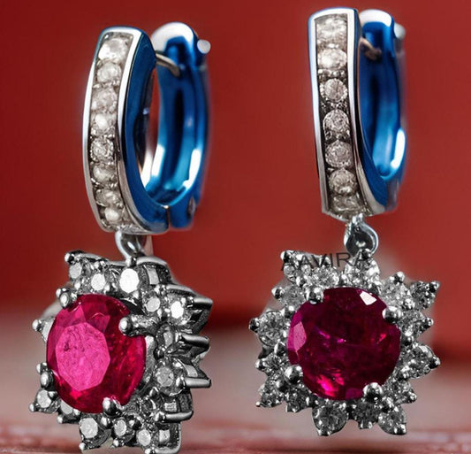 Halo Ruby Gemstone Earrings, Ruby Dangle Hoop Earrings, Bridesmaids Earrings, Anniversary Gifts, Gift for Mum, Dangle Drop Silver Earrings