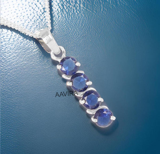 Sapphire Pendant Necklace, Layering Necklace, September Birthstone Necklace, Vertical Pendant, Silver Pendant for Women, Line Blue Pendant
