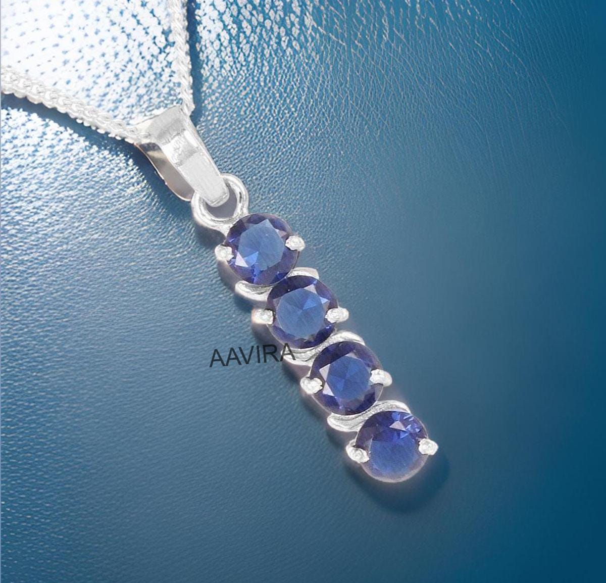 Sapphire Pendant Necklace, Layering Necklace, September Birthstone Necklace, Vertical Pendant, Silver Pendant for Women, Line Blue Pendant