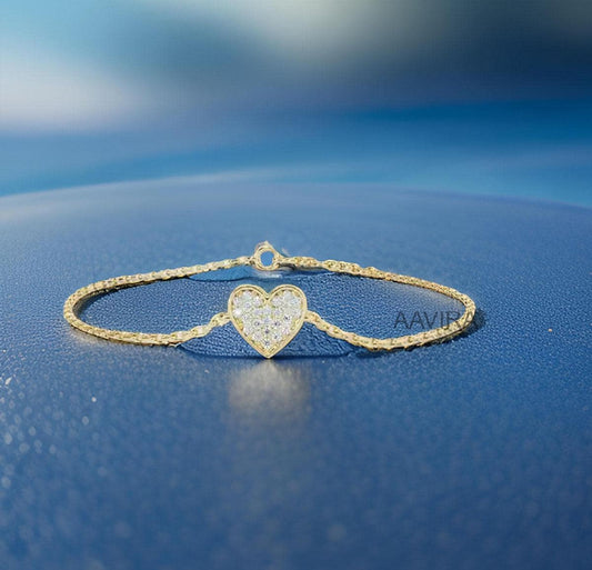 Heart Shape Diamond Bracelet, Delicate Cross Bracelet, Heart Chain Bracelet, 14k Yellow Gold Plated Bracelet, Silver Bracelet for Women's