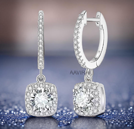 Moissanite Drop Earrings, Round Earrings, Perfect Wedding Earrings, Bridal Earrings, Halo Diamond Earrings, Pave Set Diamond Dangle Earrings