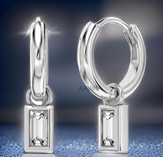 Baguette Dangle Hoop Earrings, Diamond Dangle Drop Earrings, Baguette Cut Earrings, 14k White Gold Plated, Handmade Jewelry, Easter Gifts