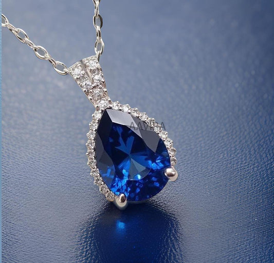 Pear Necklace, Sapphire Pendant Necklace, Diamond Necklace, Birthday Gift for Mom, September Birthstone, Chain Pendant, Gift for Her