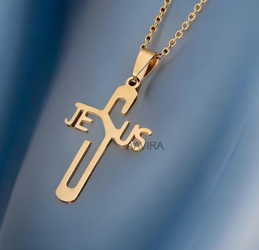 Jesus Cross Necklace, Silver Jesus Necklace, Faith Based Jewelry, Cross Pendant for Men Women, JEJUS Letter Cross Necklace, Charm Jewelry