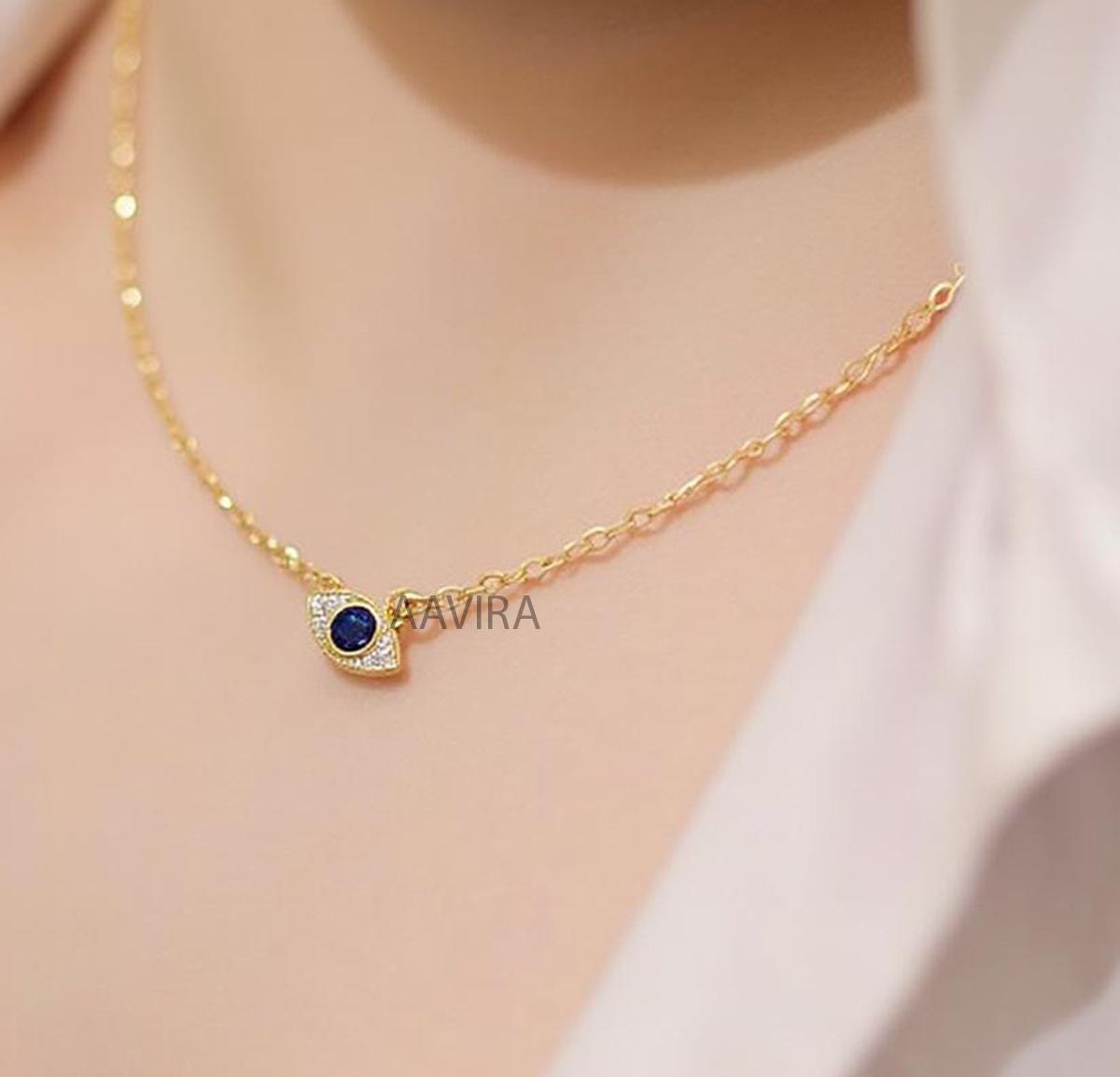 Sapphire Evil Eye Protection Pendant, Minimalist Charm Necklace, Sapphire Necklace for Women, Evil Eye Silver Pendant, Mother's Day Gift
