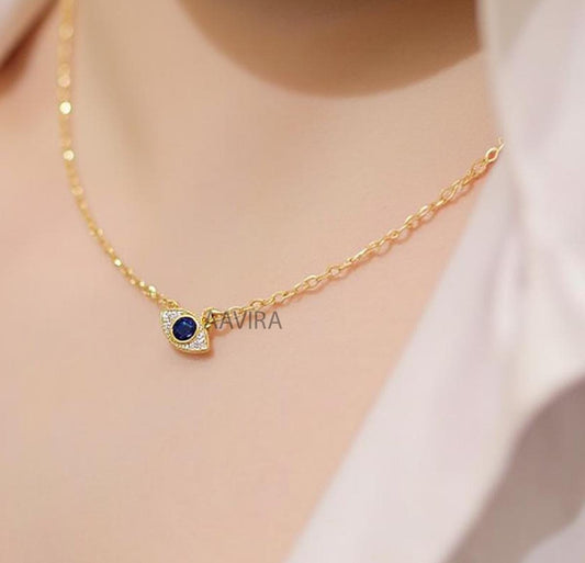Sapphire Evil Eye Protection Pendant, Minimalist Charm Necklace, Sapphire Necklace for Women, Evil Eye Silver Pendant, Mother's Day Gift