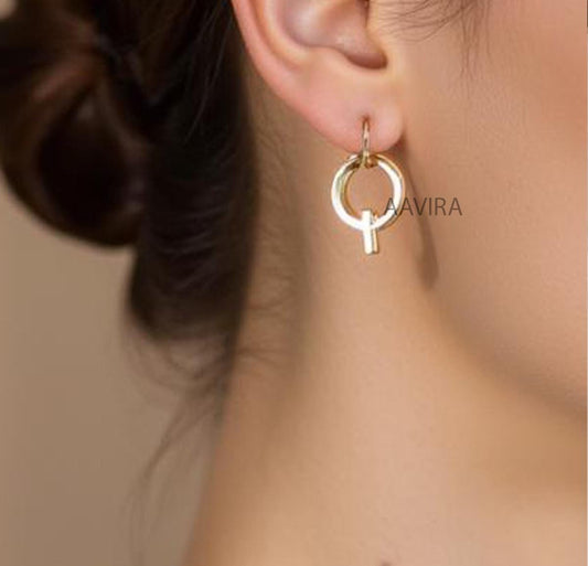 Plain Dangle Earrings, Female Gender Symbol Earrings, Venus Earrings, Dangle Drop Earrings, 14k White Gold Unique Dangle Earrings Gift