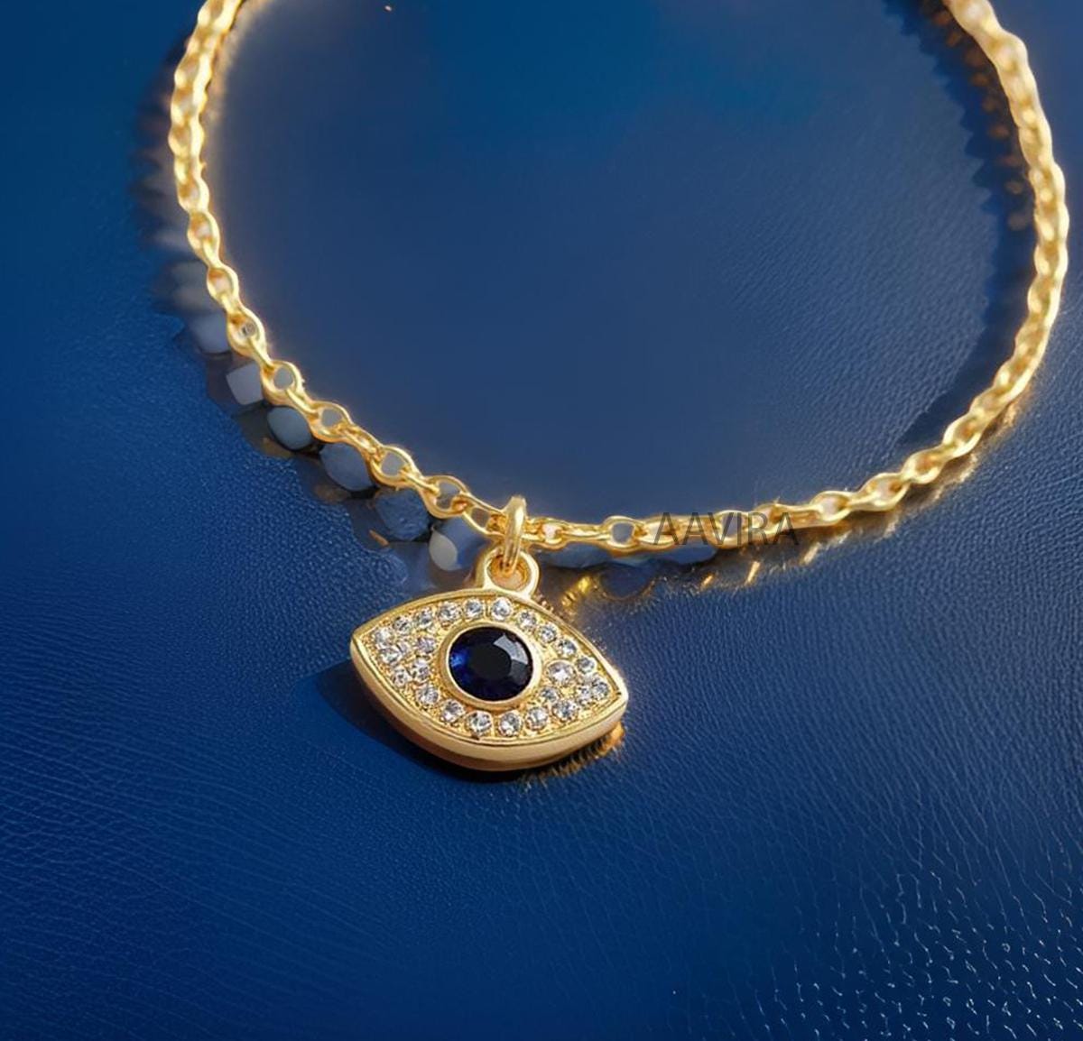 Bezel Blue Sapphire Evil Eye Pendant, Evil Eye Necklace, Handmade Necklace, Protection Charm Necklace, Sapphire Diamond Bracelet, Women Gift