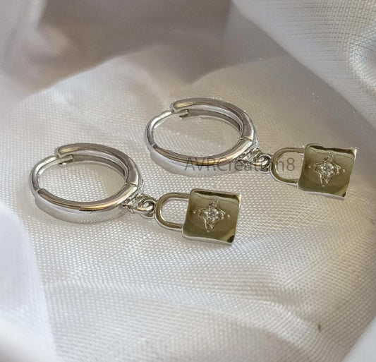 Sterling Silver Lock Dangle Hoop Earrings, Dainty Love Jewelry, Charm Huggie Hoops, Unique Dangle Hoops, Lock Earrings, Diamond Hoop Earring