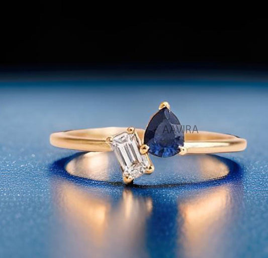 Sapphire Ring, Pear Cut Engagement Ring, Emerald Diamond Ring, Pear Cut Promise Ring, Dual Birthstone Band, Two Stone Ring for Her, Gift Mom