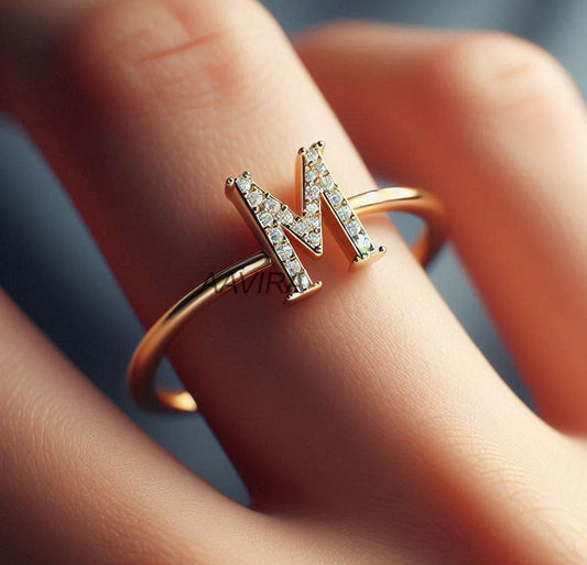 925 Sterling Silver M Letter Ring, Letter M Diamond Ring, Initial M Letter Ring, Monogram Letter Ring, Silver Alphabet Type Ring, M Ring