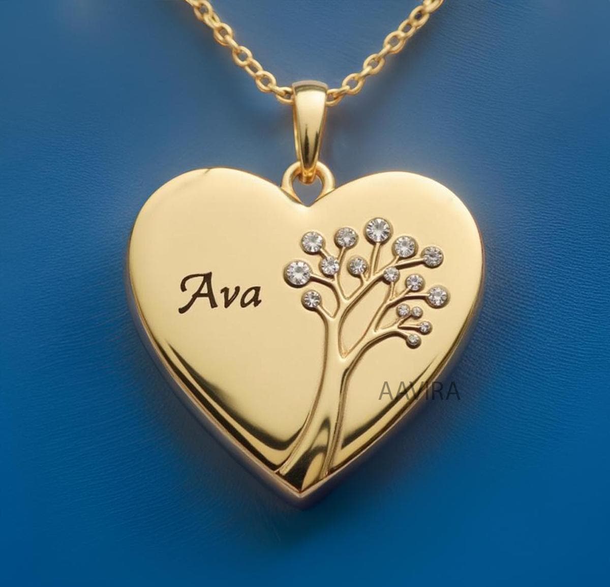 Delicate Heart Flush Necklace, Heart With Tree Pendant, Heart Pendant Gift, 14k Yellow Gold Plated, Silver Name Necklace, Love Gift for Her