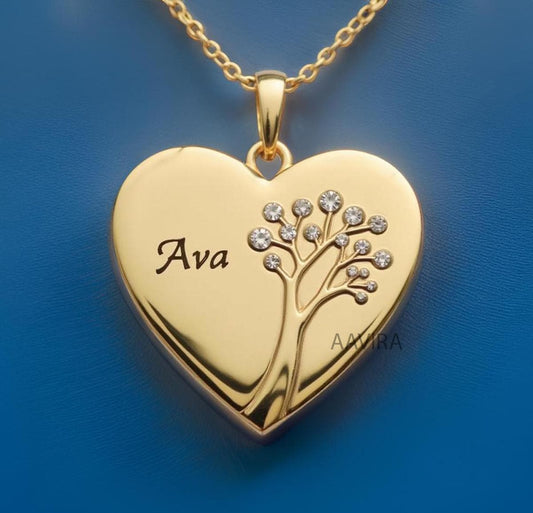 Delicate Heart Flush Necklace, Heart With Tree Pendant, Heart Pendant Gift, 14k Yellow Gold Plated, Silver Name Necklace, Love Gift for Her