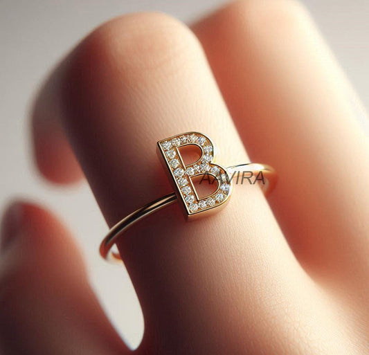 Monogram Ring, B Letter Ring, Initial Letter B Ring, Personalized Jewelry, Handmade Alphabet B Ring, Custom Moissanite Ring, Diamond Ring