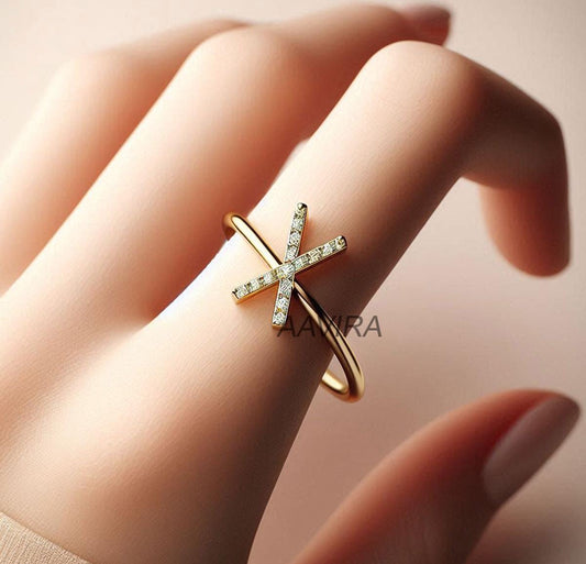 X Diamond Initial Ring In Sterling Silver, X Initial Ring, Personalized Band, X Alphabet Letter Ring, 14k Yellow Gold, Diamond Jewelry Gift