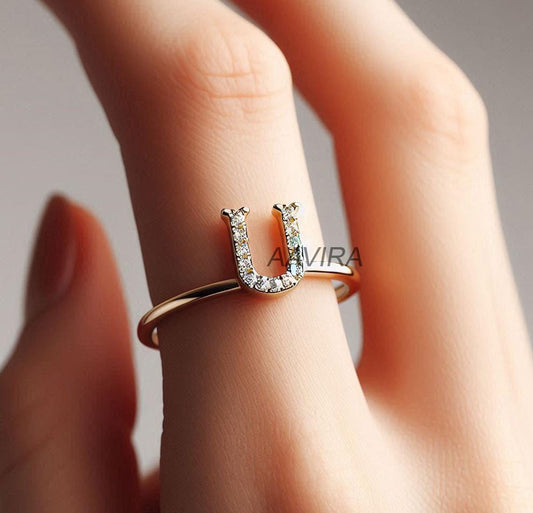 U Moissanite Ring, U Initial Pave Set Moissanite Ring, U Diamond Ring, 14k Yellow Gold Plated, U Name Ring, Handmade Ring, Gift for Her