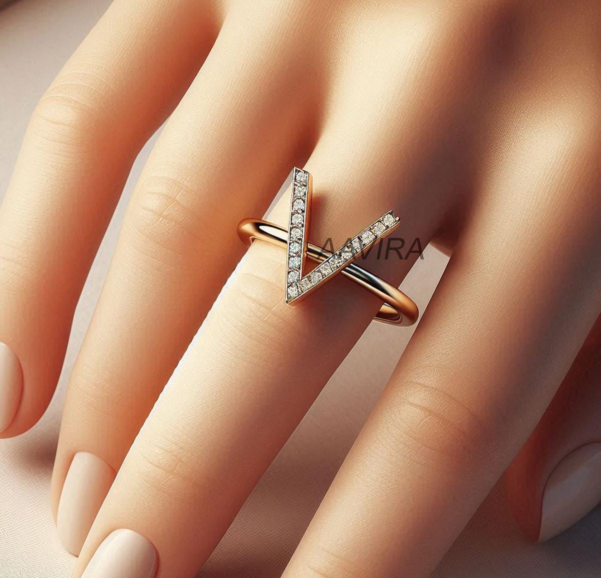 V Moissanite Ring, Dainty Ring, V Pave Set Diamond Ring, V Diamond Ring, 14k Yellow Gold Plated, Handmade Ring, Gift for Mom