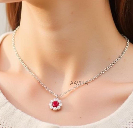 Floral Round Pendant, Diamond Ruby Necklace for Women, Charm Pendant, Dainty Gemstone Pendant, July Birthstone Gift, Elegant Pendant Women