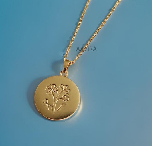 Circle Disc Necklace, Flower Pendant, Flower Necklace, Disk Birth Flower Necklace, Charm Necklace, Gift for Bridesmaid, Personalised Jewelry