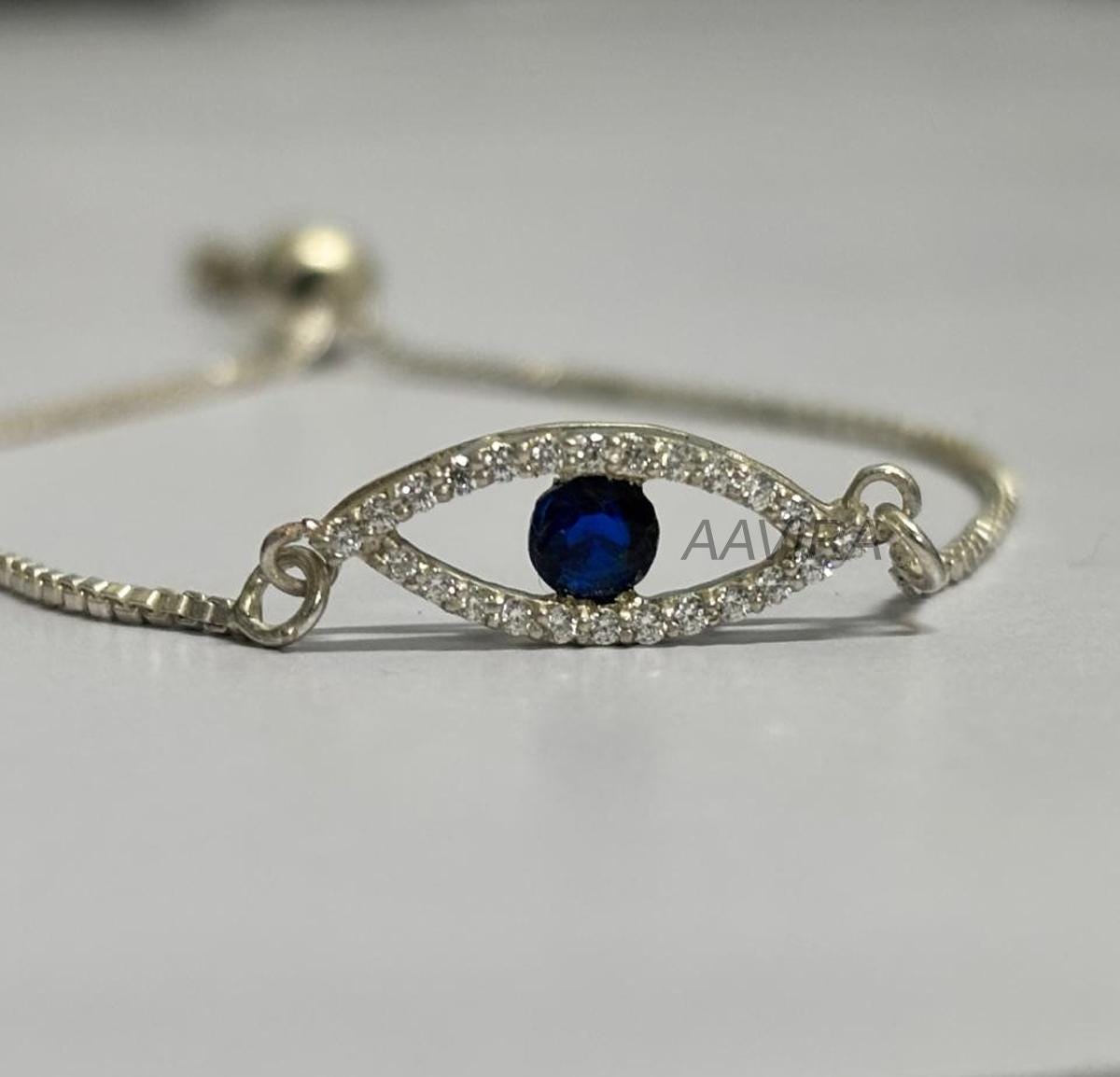 Dainty Evil Eye Bracelet for Women, Sapphire & Diamond Bracelet, Evil Eye Bracelet, Charm Bracelet, Bolo Bracelet, Protection Bracelet, Gift