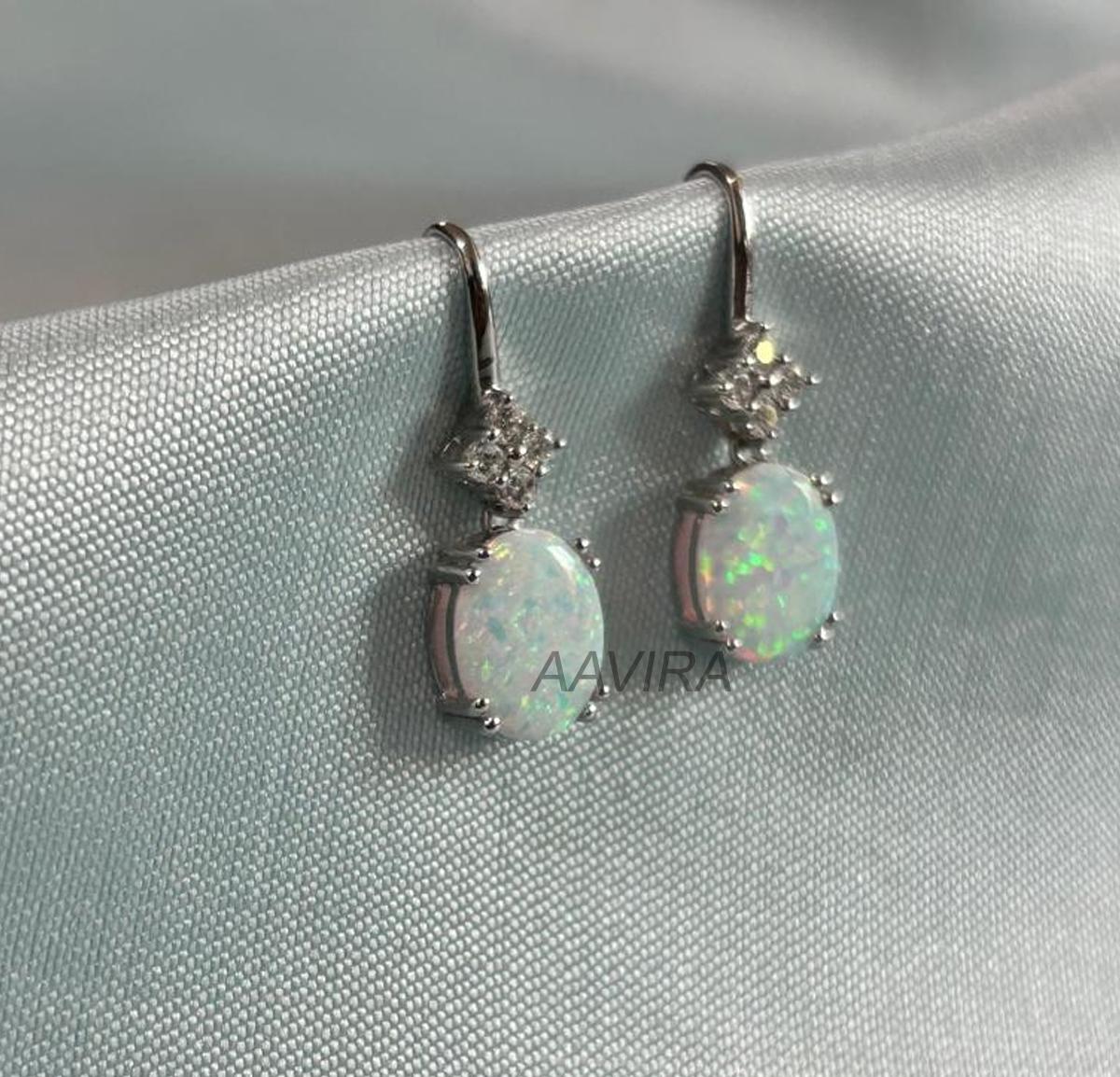 Opal Earrings, Oval Cut Stud Earrings, Opal Gemstone Earrings, Opal Diamond Earrings, Gemstone Earrings, Hook Earrings, Mother's Day Gifts