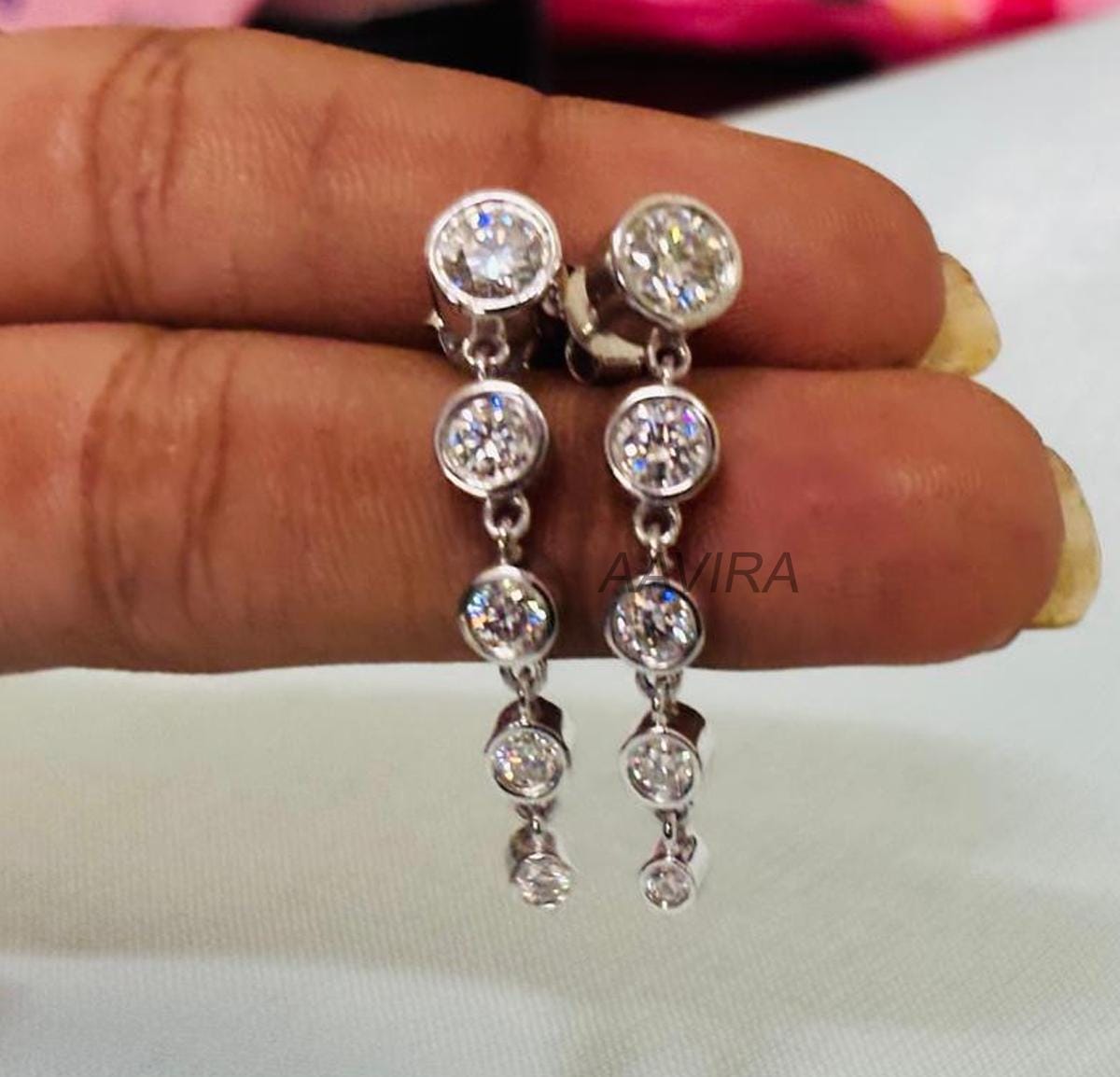Women Round Cut Diamond Dangle Earrings, Bezel Set Dangle Earrings, 14K Yellow Gold Plated, Five Stone Earrings, Silver Long Dangle Earrings