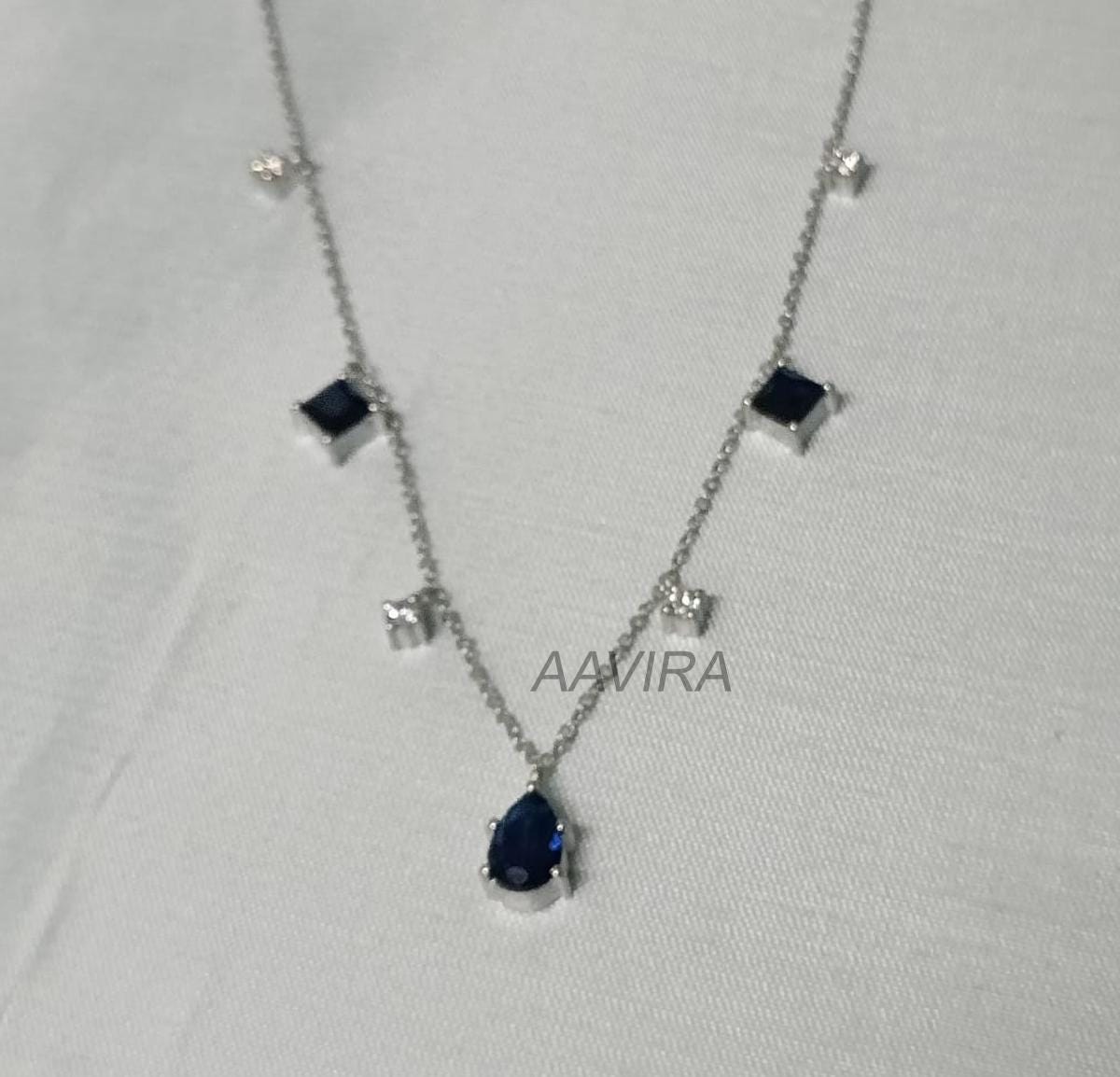 Blue Sapphire & Diamond Pendant Necklace, Station Pendant Necklace, Blue Birthstone Pendant, 925 Sterling Silver, Anniversary Gifts For Her