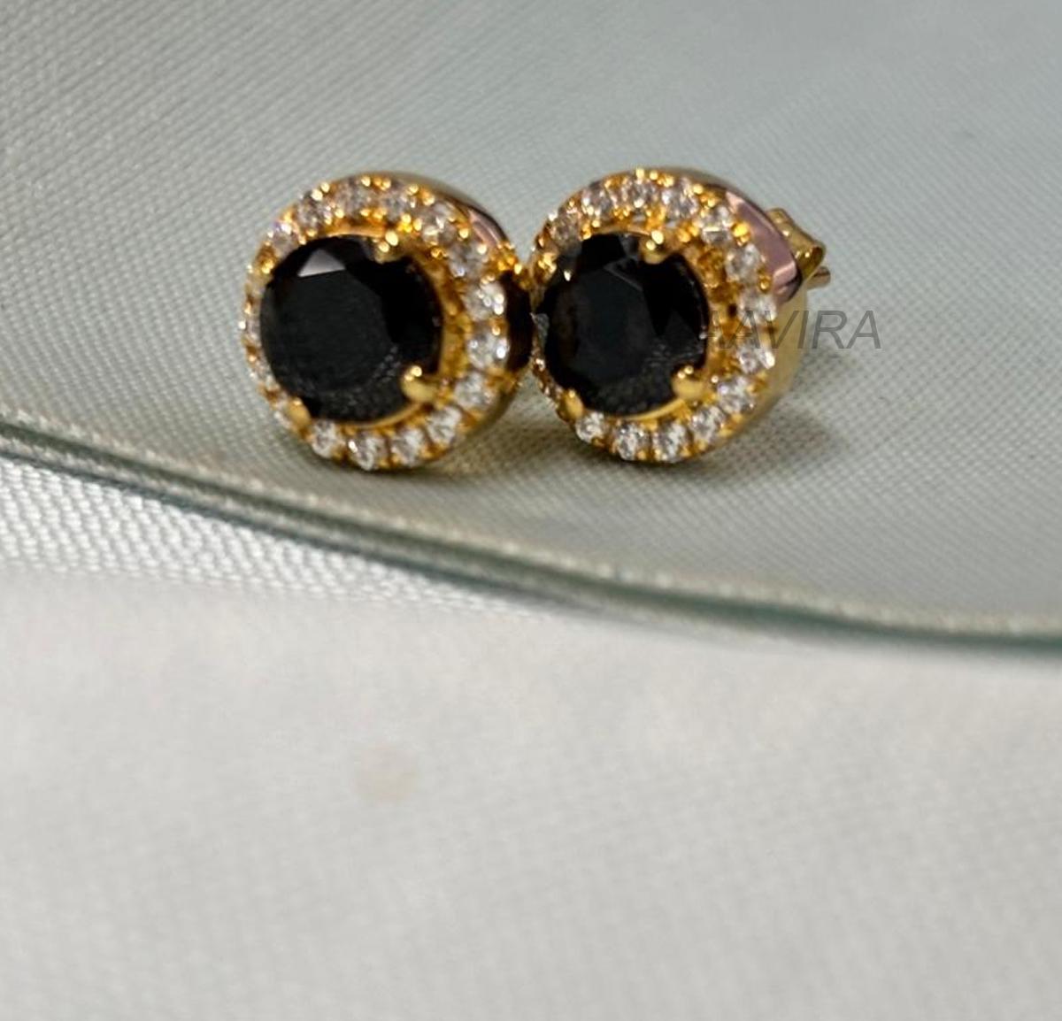Round Black Diamond Stud Earrings, Black Stone Earrings, 14K Yellow Gold Black & White Studs, Halo Diamond Stud Earrings for Women, Gifts