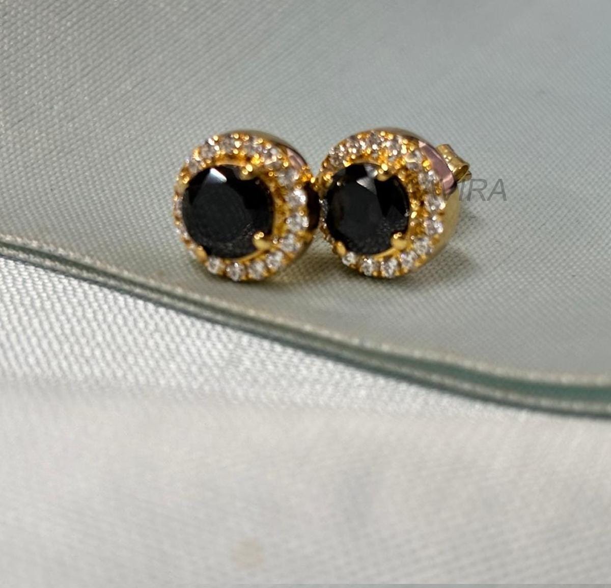 Round Black Diamond Stud Earrings, Black Stone Earrings, 14K Yellow Gold Black & White Studs, Halo Diamond Stud Earrings for Women, Gifts