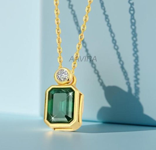 Emerald Necklace, Green Gemstone Pendant, Bezel Set Diamond & Emerald Pendant, Wedding Gifts, Minimalist Pendant, Mother's Day Gifts