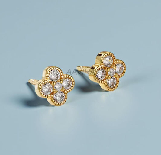 Round Cut Floral Stud Earrings, Diamond Stud Earrings, Unique Dainty Earring, Push Back Earrings, Handmade Earrings, Stud Earrings for Mom