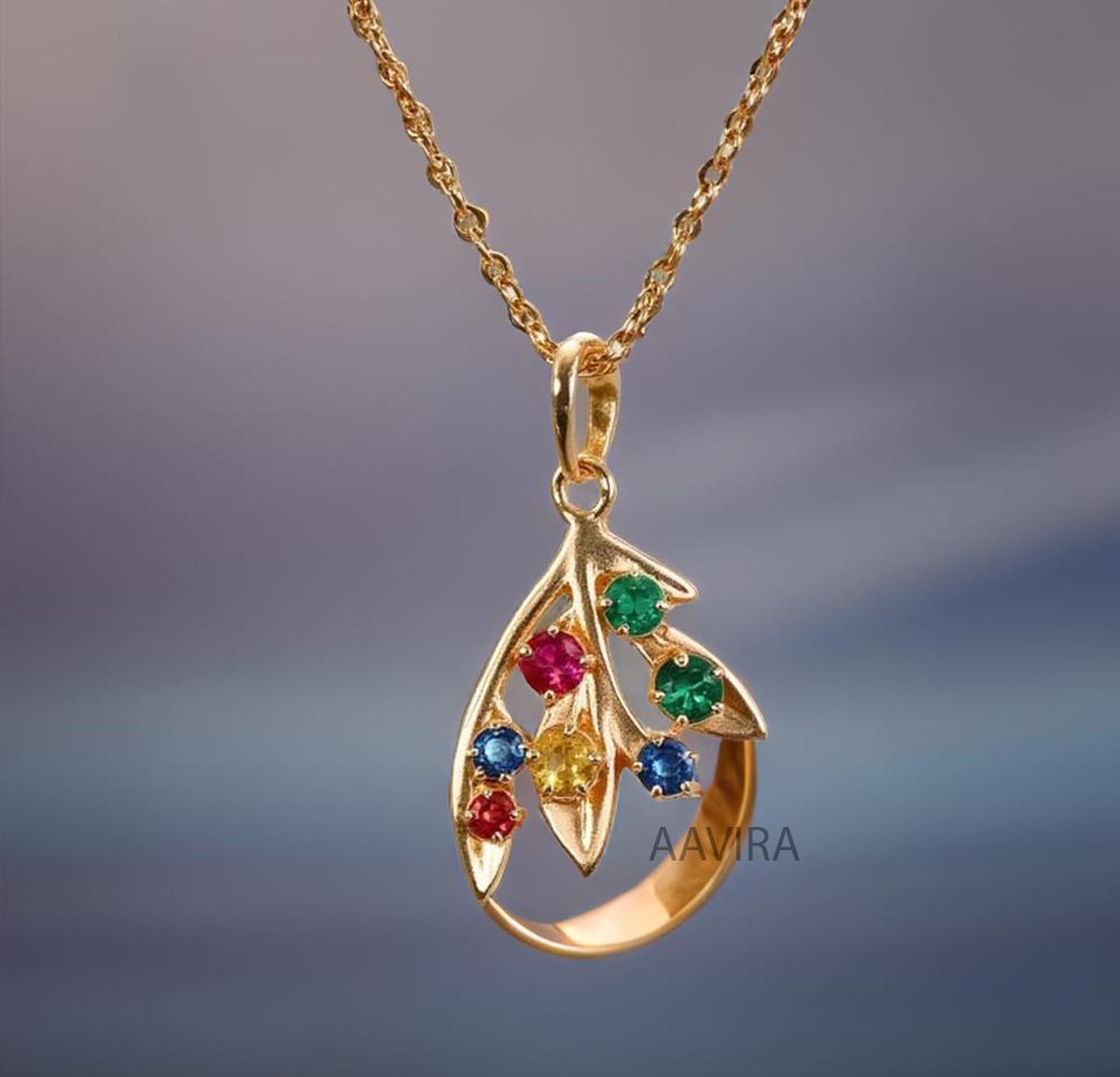 Teardrop Necklace, Multi Stone Gemstone Leaf Pendant, Leaf Necklace, Birthstone Necklace, Multi Gemstone, Birthday Gift, Anniversary Gift