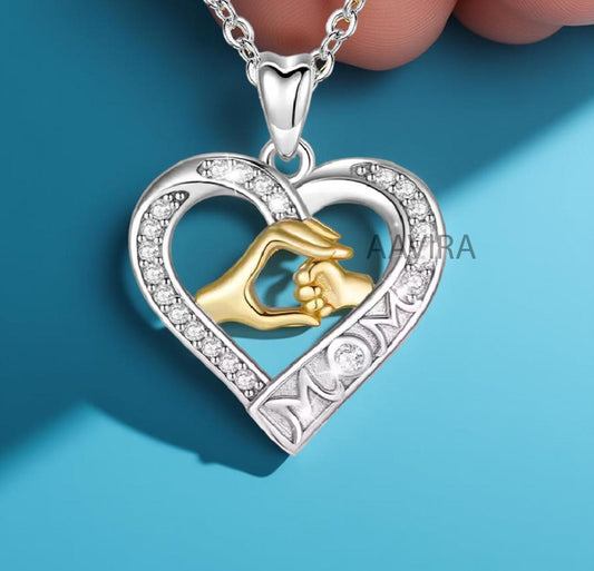 Two Tone Plated Silver Heart Pendant Necklace, Mother Child Heart Necklace, Heart-Shaped Mom Necklace, Mother Holding Baby Hand Necklace