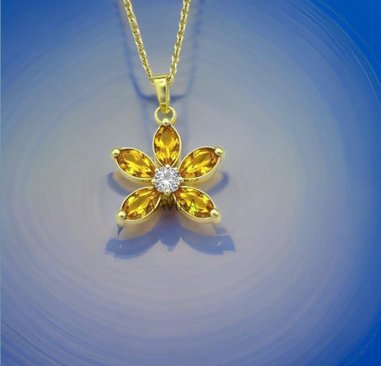 Citrine Necklace, Yellow Citrine Necklace, Prong Set Diamond Necklace, 18" Cable Chain Necklace, Flower Shape Necklace, Gifts for Women